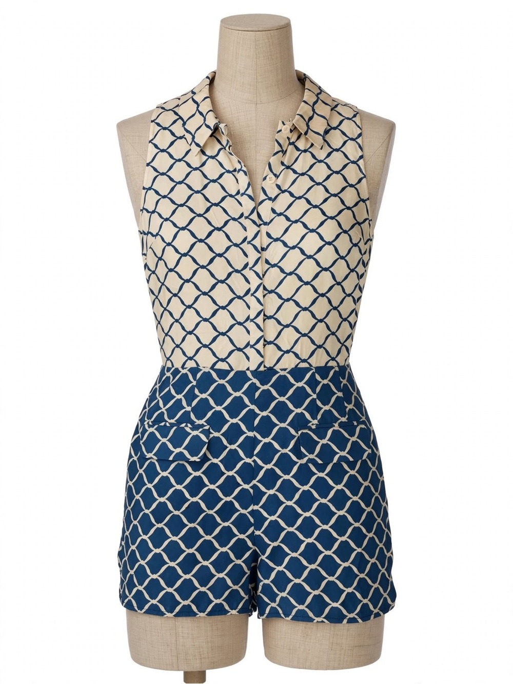 Harlyn 100% Silk Geometric Print Romper Jumpsuit Blue Beige Size S